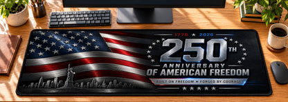 Modern Patriot Steel Desk Mat in use on a warm wood office desk — overhead workspace view