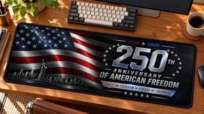 Modern Patriot Steel Desk Mat in use on a warm wood office desk — angled workspace view
