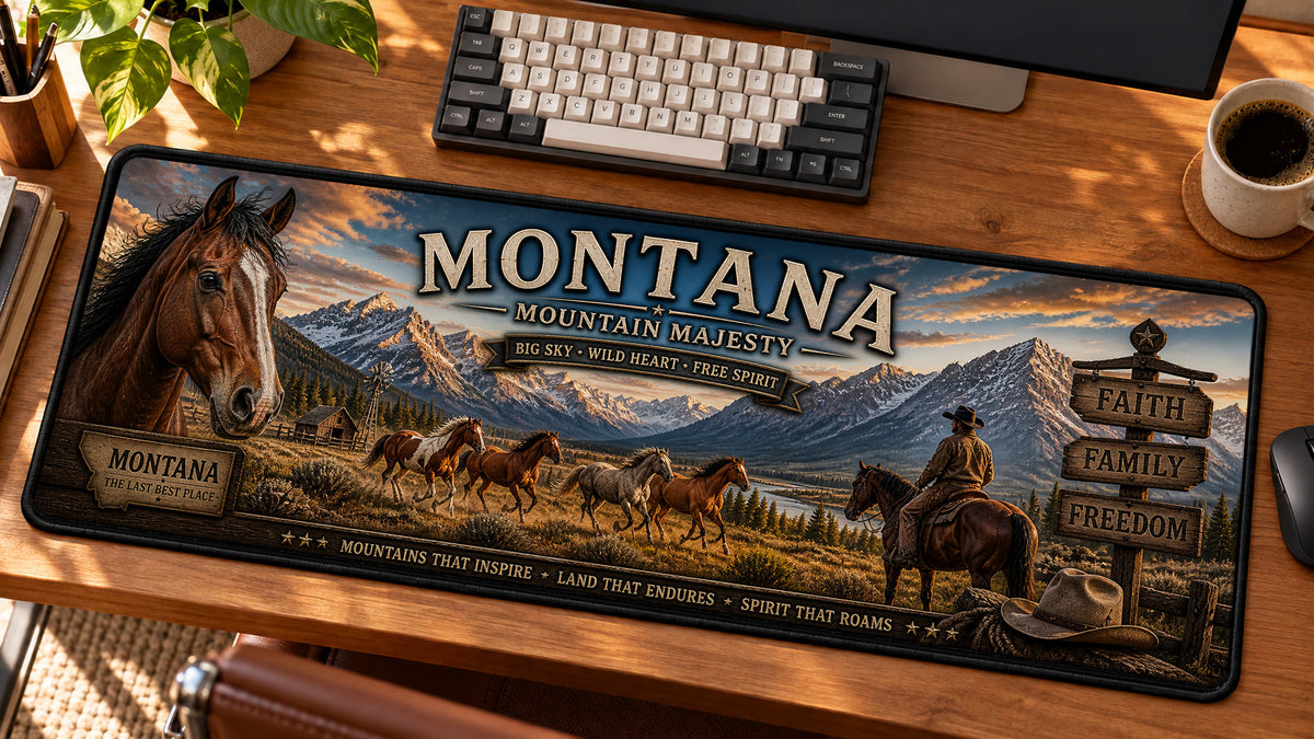 Montana Mountain Majesty Desk Mat in use on a warm wood office desk — angled workspace view