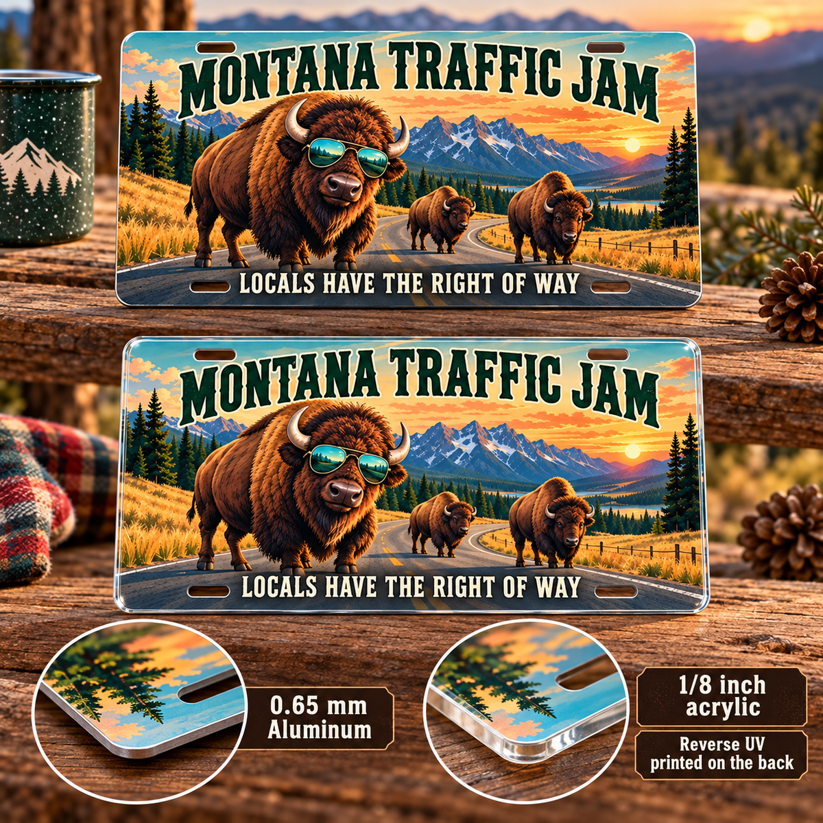 Montana Traffic Jam funny license plate — one-eighth-inch acrylic edge and rear UV print detail