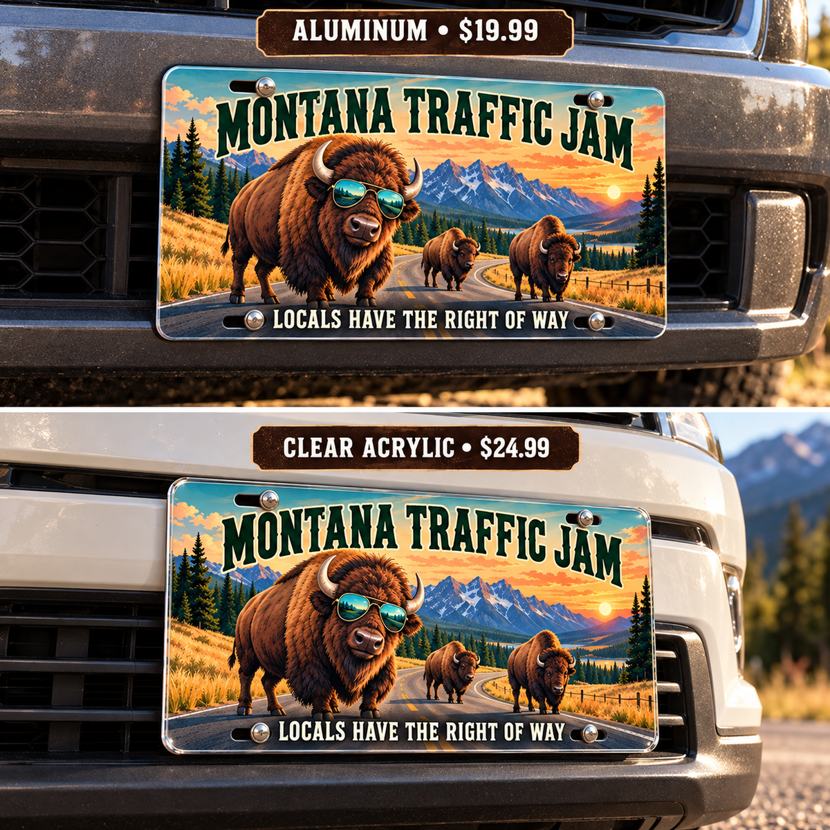 Montana Traffic Jam funny license plate — aluminum and acrylic plates mounted on vehicles