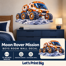 Moon Rover Mission – Boys Room Wall Decal summary and bedroom mockup – 12 to 48 inch widths