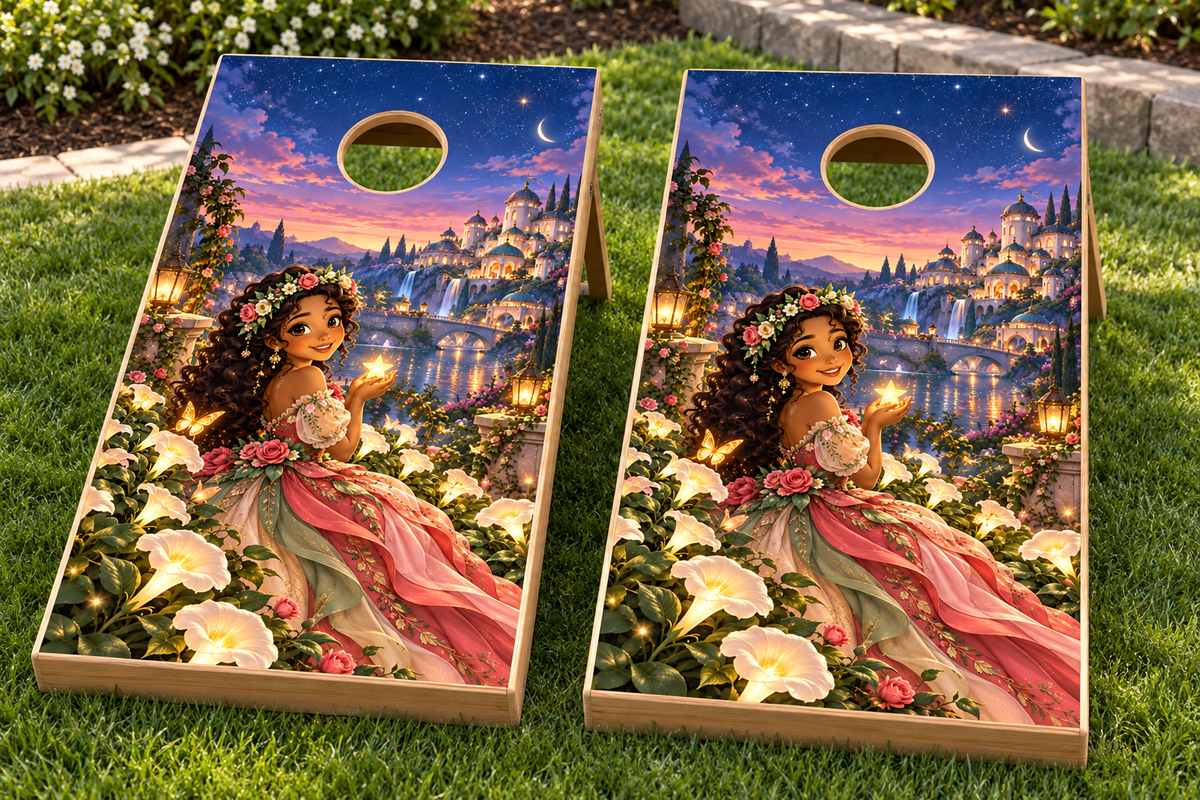 moonflower princess cornhole wrap installed-board mockup; boards not included