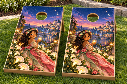 moonflower princess cornhole wrap installed-board mockup; boards not included