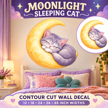 Moonlight Sleeping Cat – Girls Room Wall Decal summary and bedroom mockup – 12 to 48 inch widths