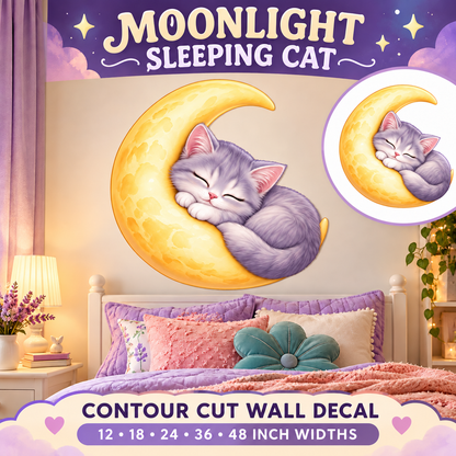 Moonlight Sleeping Cat – Girls Room Wall Decal summary and bedroom mockup – 12 to 48 inch widths
