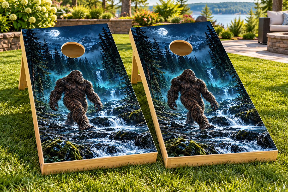 moonlit bigfoot cornhole wrap installed board mockup; boards not included