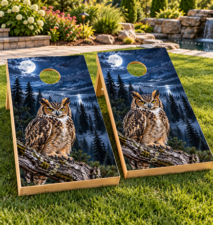 Moonlit Great Horned Owl cornhole wrap installed board mockup; boards not included