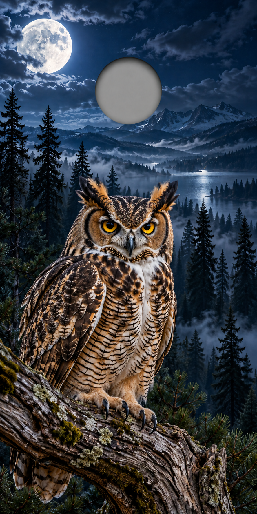 Moonlit Great Horned Owl cornhole wrap proof showing hole position