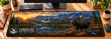 Moose Timberline Expedition Desk Mat in use on a warm wood office desk — overhead workspace view