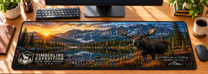 Moose Timberline Expedition Desk Mat in use on a warm wood office desk — overhead workspace view