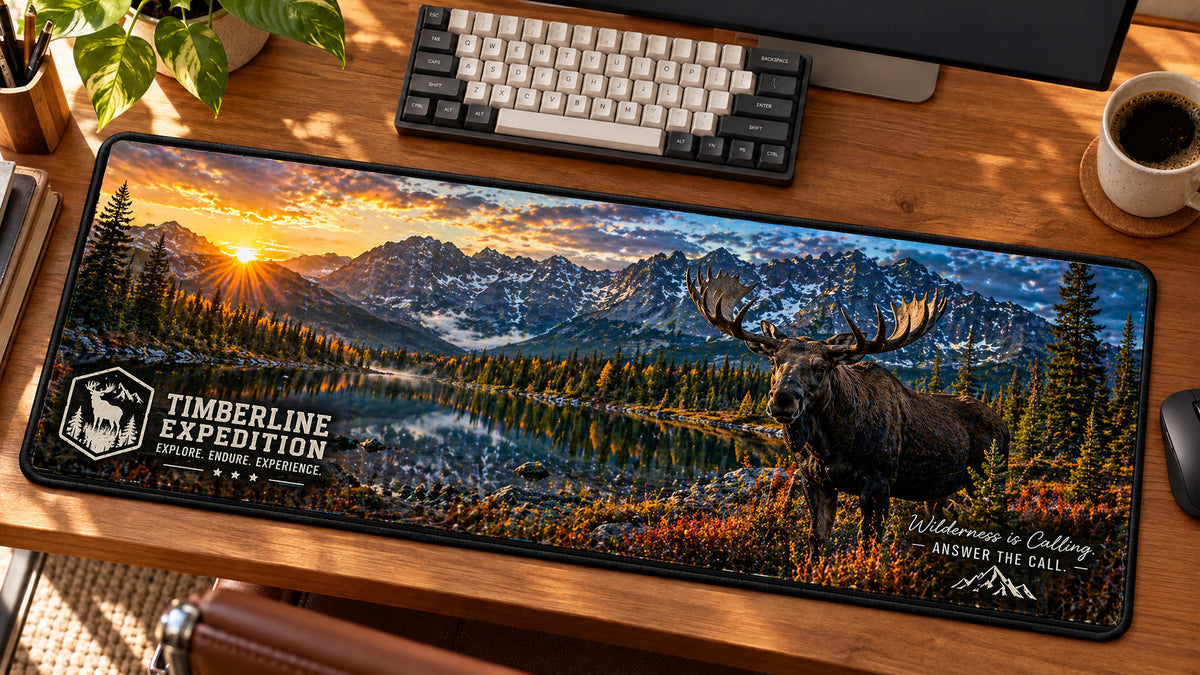 Moose Timberline Expedition Desk Mat in use on a warm wood office desk — angled workspace view