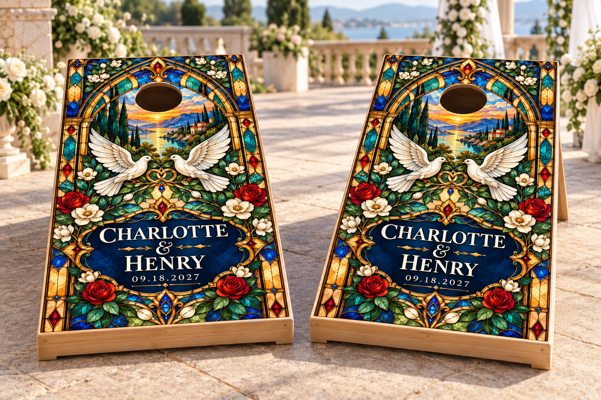 Cathedral Light personalized wedding and anniversary cornhole boards lifestyle mockup; boards not included