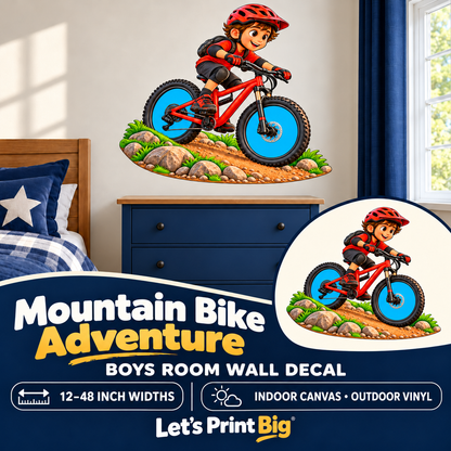 Mountain Bike Adventure – Boys Room Wall Decal summary and bedroom mockup – 12 to 48 inch widths