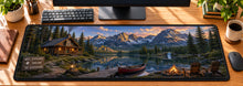 Mountain Cabin Wilderness Escape Desk Mat in use on a warm wood office desk — overhead workspace view