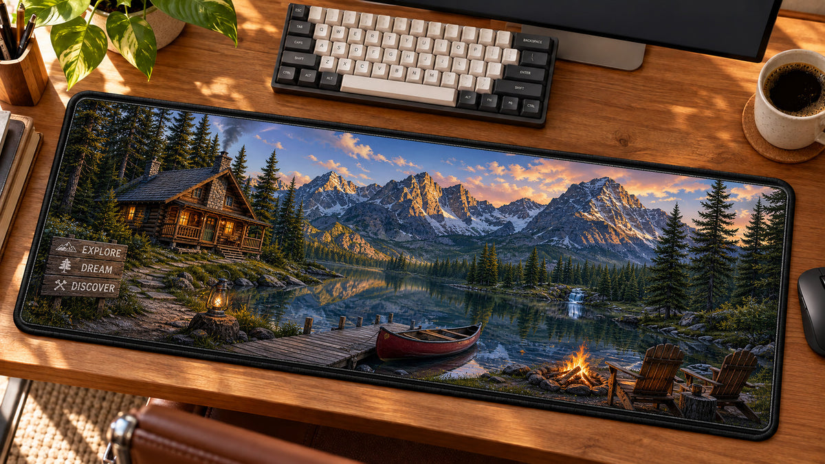 Mountain Cabin Wilderness Escape Desk Mat in use on a warm wood office desk — angled workspace view