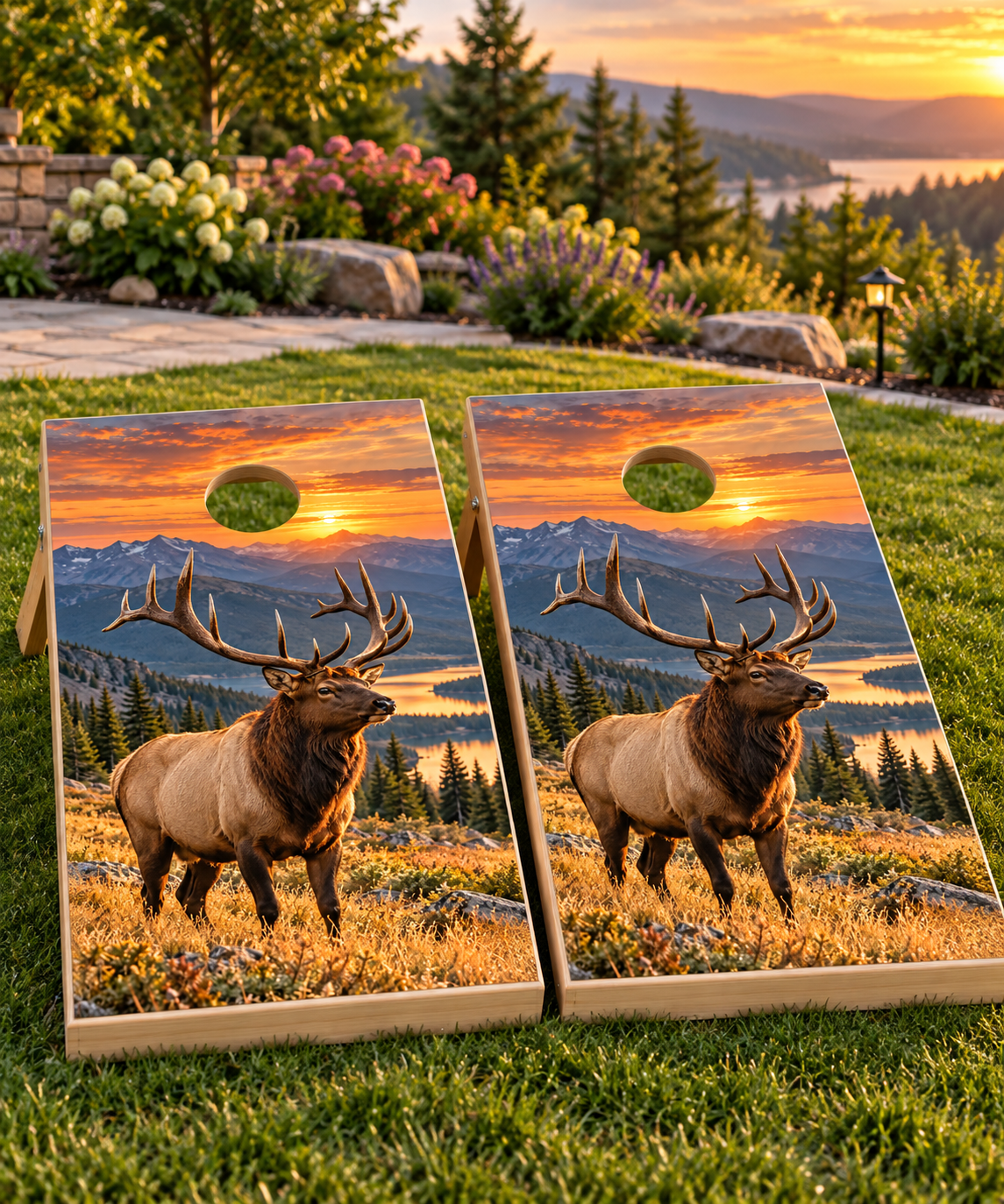 Mountain Elk Sunrise cornhole wrap installed board mockup; boards not included
