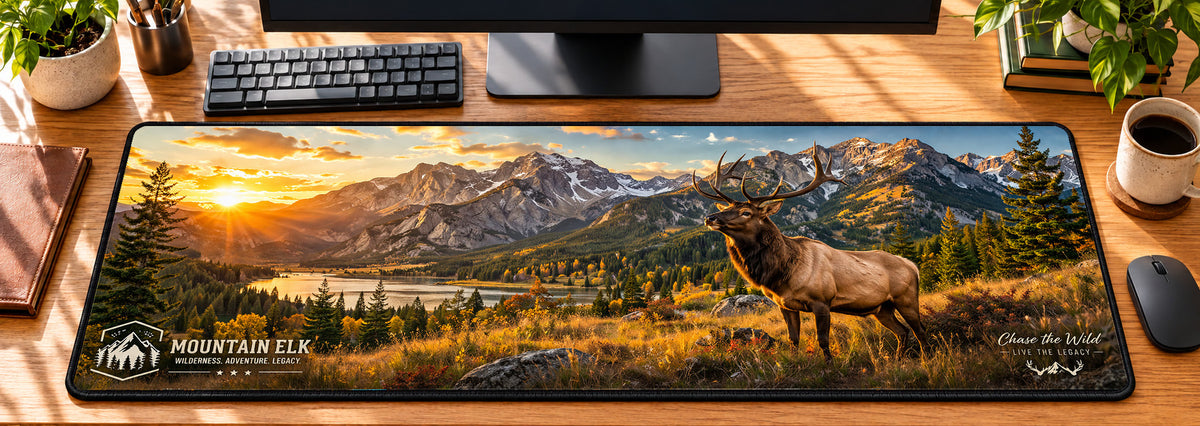 Mountain Elk Wilderness Desk Mat in use on a warm wood office desk — overhead workspace view