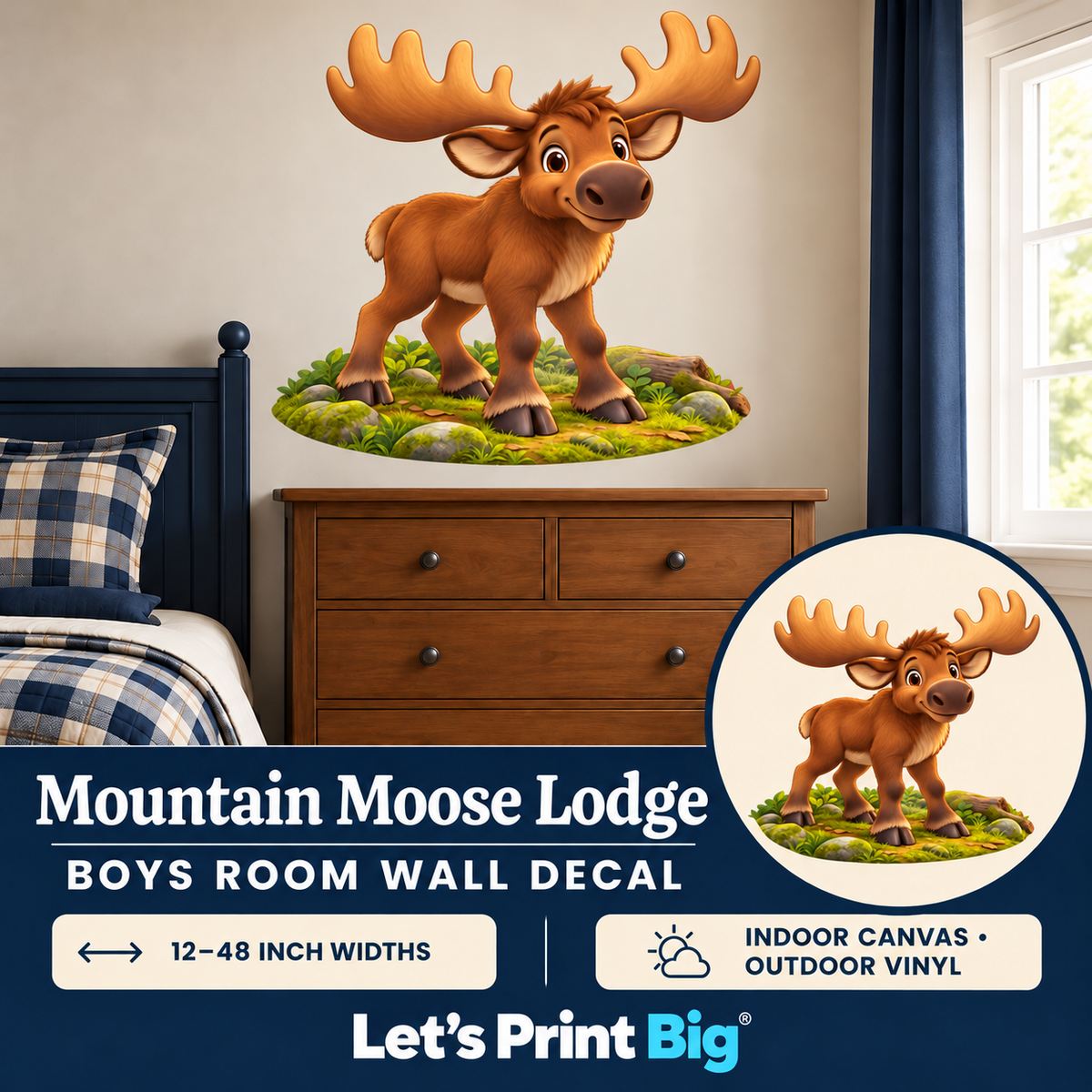Mountain Moose Lodge – Boys Room Wall Decal summary and bedroom mockup – 12 to 48 inch widths