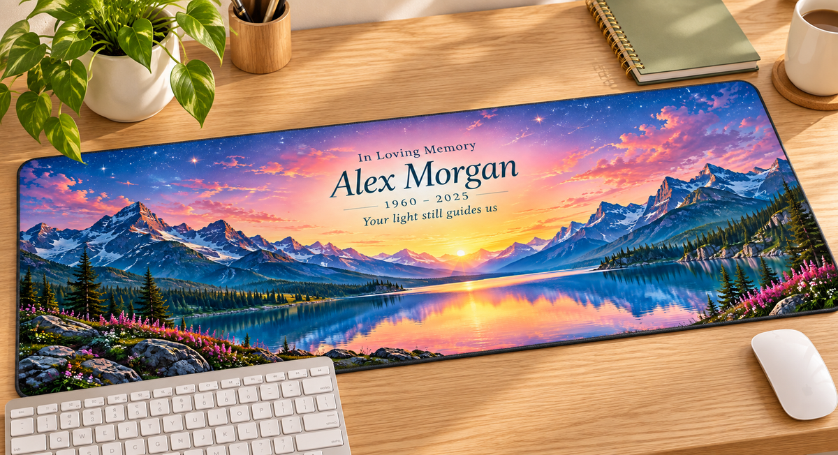 Mountain Starlight Remembrance memorial desk mat — angled workspace mockup