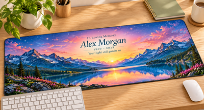 Mountain Starlight Remembrance memorial desk mat — angled workspace mockup