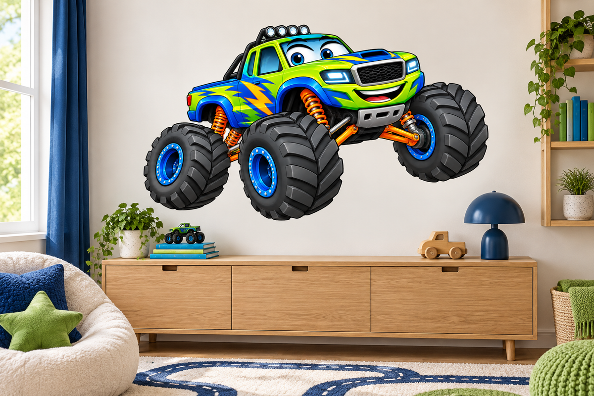 Mudbolt Monster Truck Cartoon Large Wall Decal room mockup, illustrative size