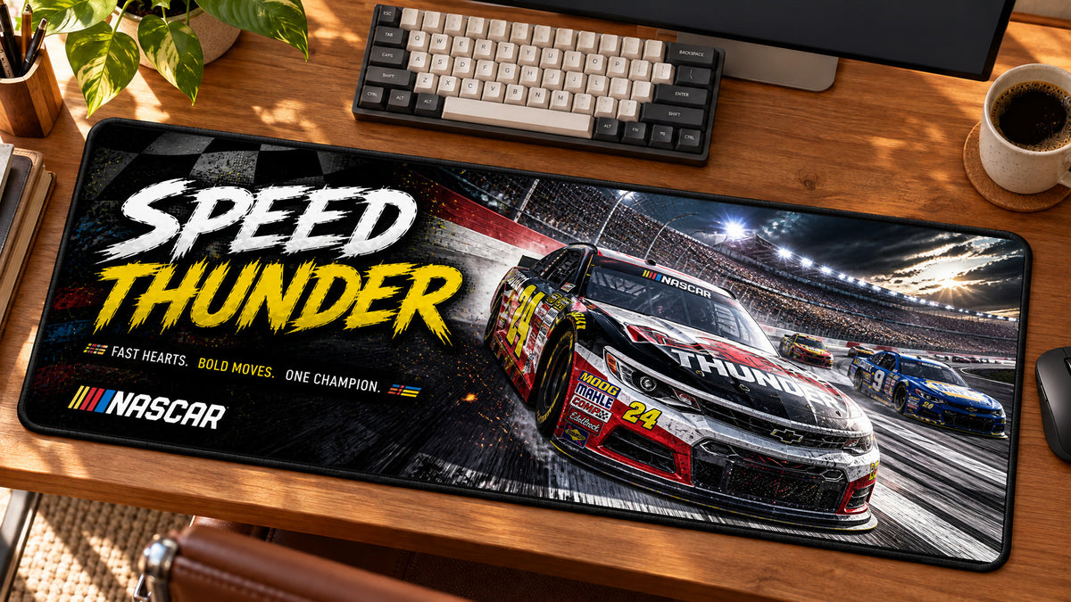 NASCAR Speed Track Thunder Desk Mat in use on a warm wood office desk — angled workspace view