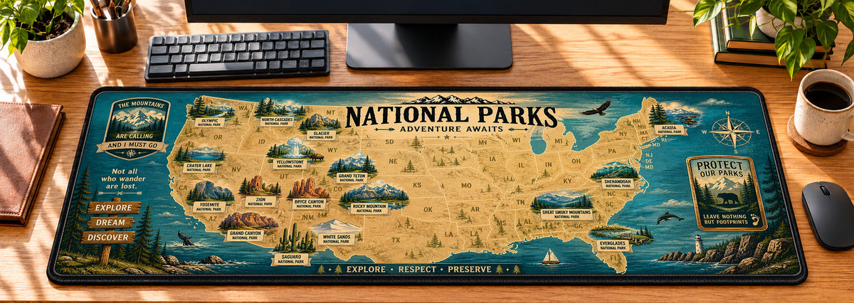National Park Adventure Map Desk Mat in use on a warm wood office desk — overhead workspace view