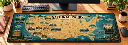 National Park Adventure Map Desk Mat in use on a warm wood office desk — overhead workspace view