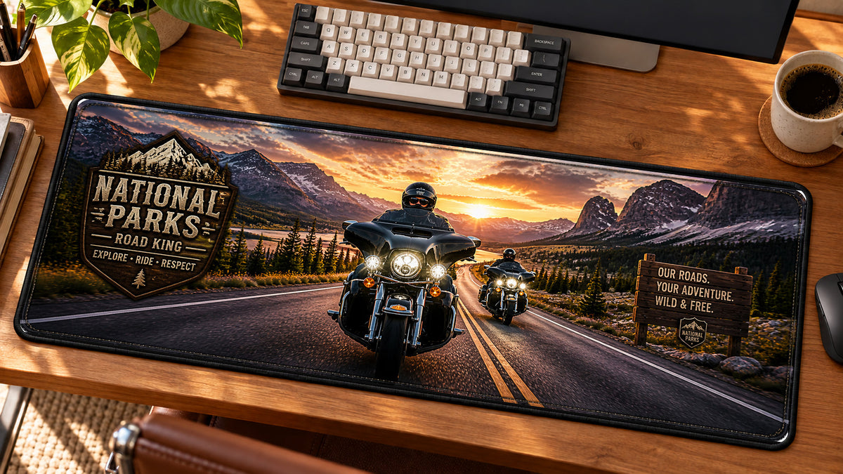 National Parks Road King Desk Mat in use on a warm wood office desk — angled workspace view