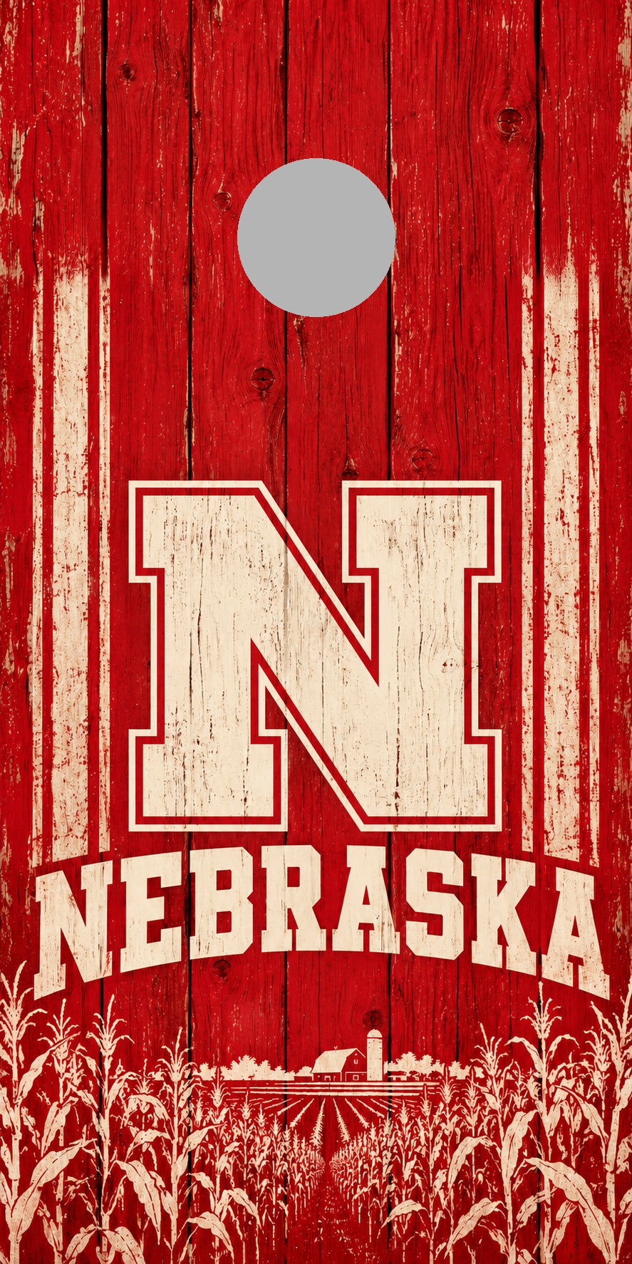 Nebraska Heartland Red cornhole wrap with plain gray hole placement preview