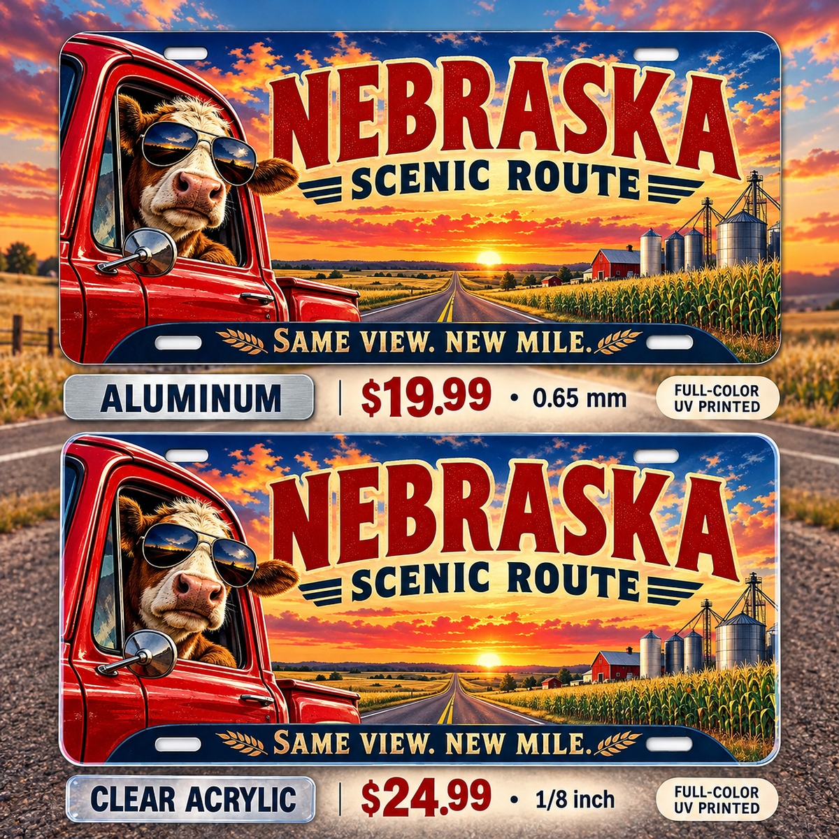 Nebraska Same View New Mile funny license plate — aluminum $19.99 and clear acrylic $24.99 comparison