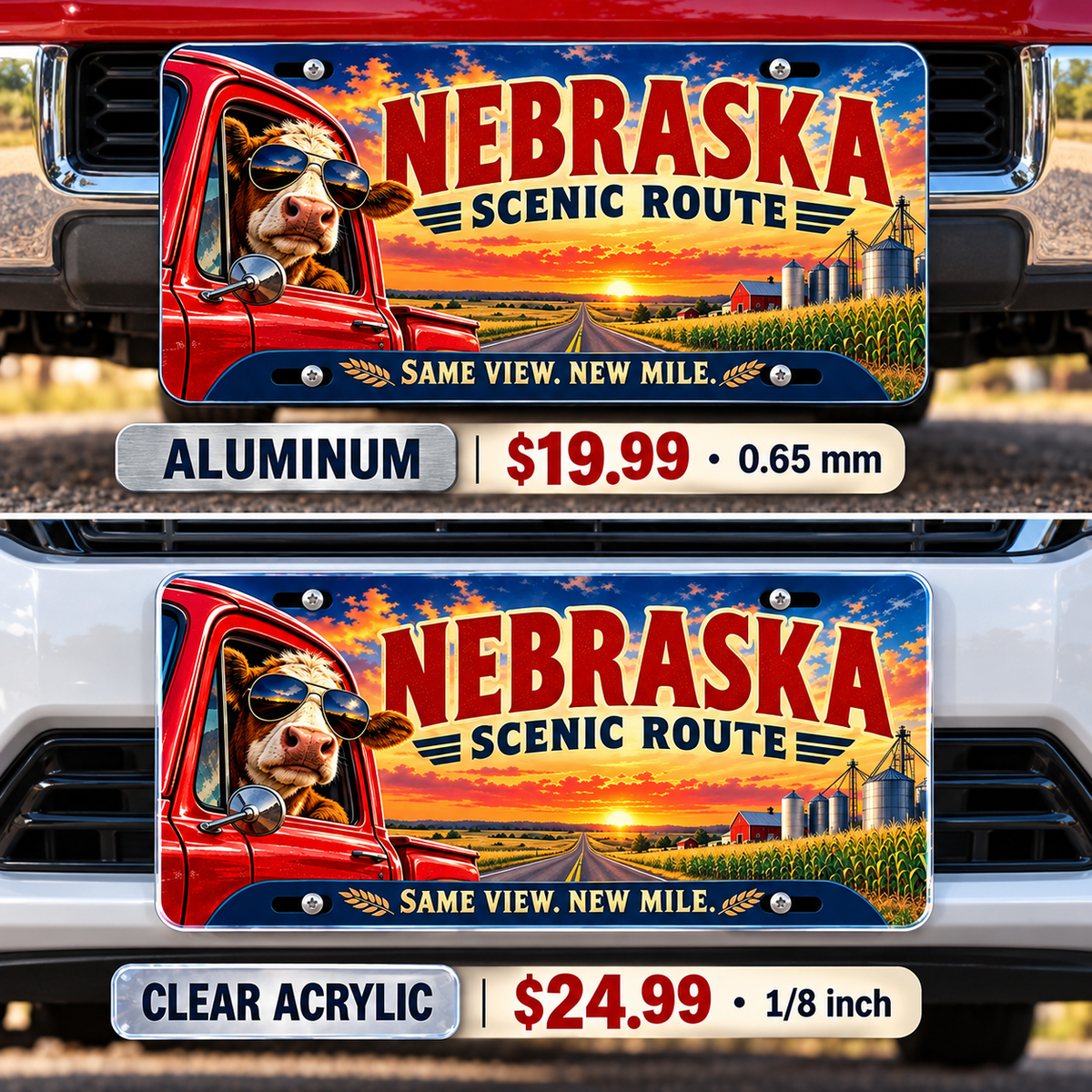 Nebraska Same View New Mile funny license plate — aluminum and acrylic vehicle mockups