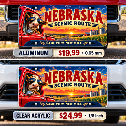 Nebraska Same View New Mile funny license plate — aluminum and acrylic vehicle mockups