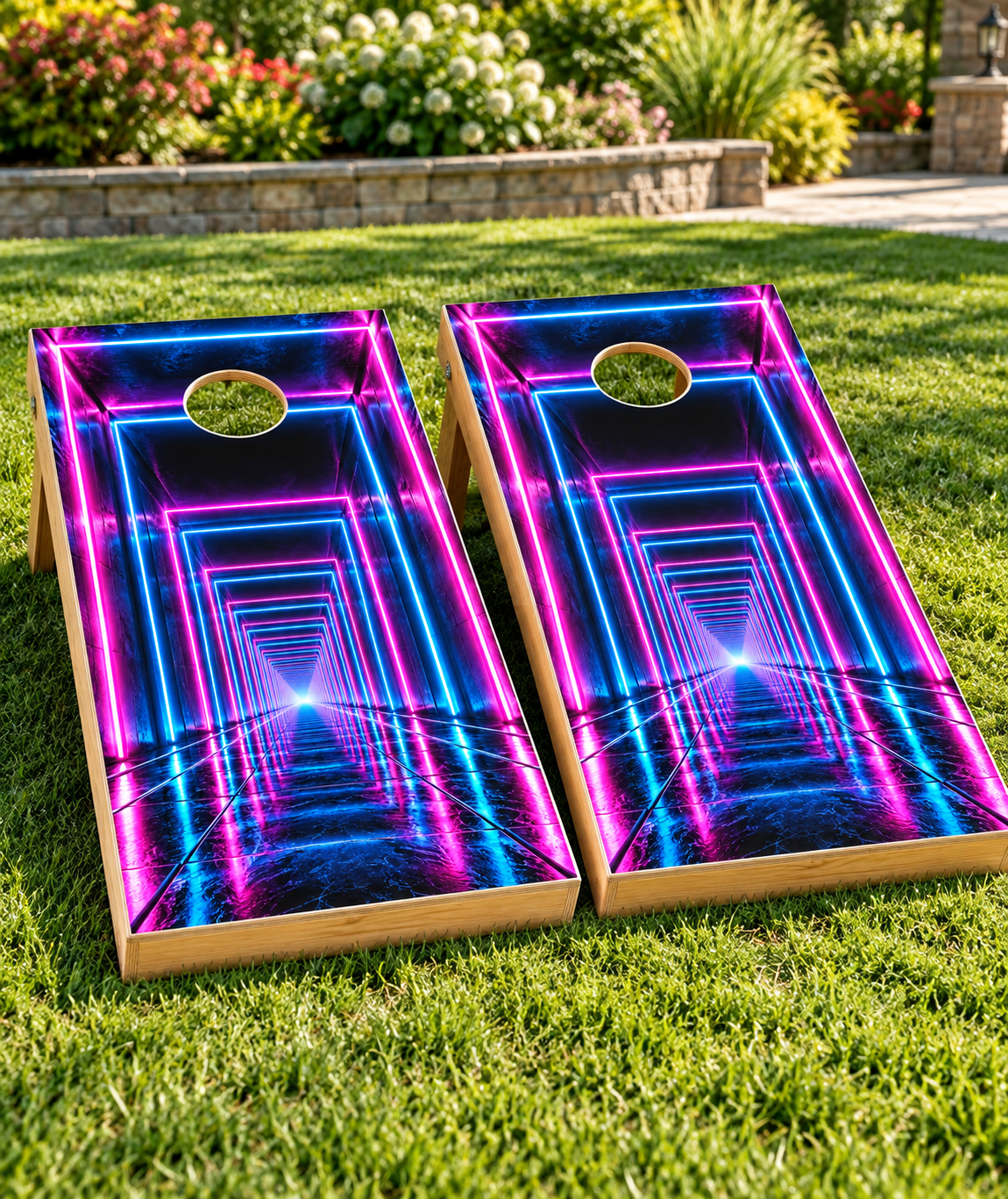 Neon Infinity Frames installed cornhole board mockup; boards not included