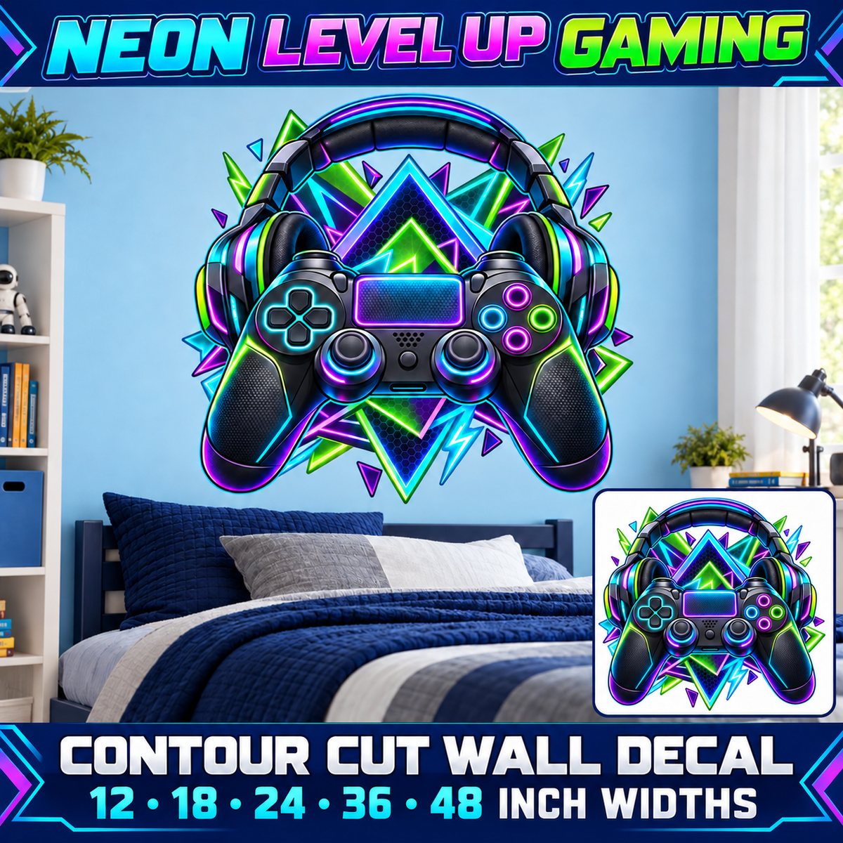 Neon Level Up Gaming – Boys Room Wall Decal summary and bedroom mockup – 12 to 48 inch widths