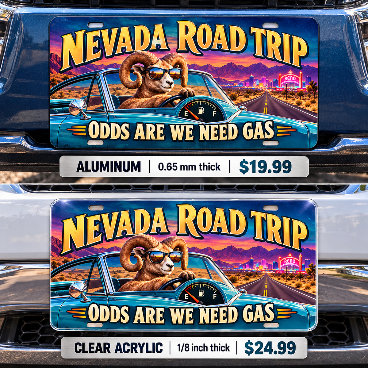Nevada Need Gas funny license plate — aluminum and acrylic vehicle mockups