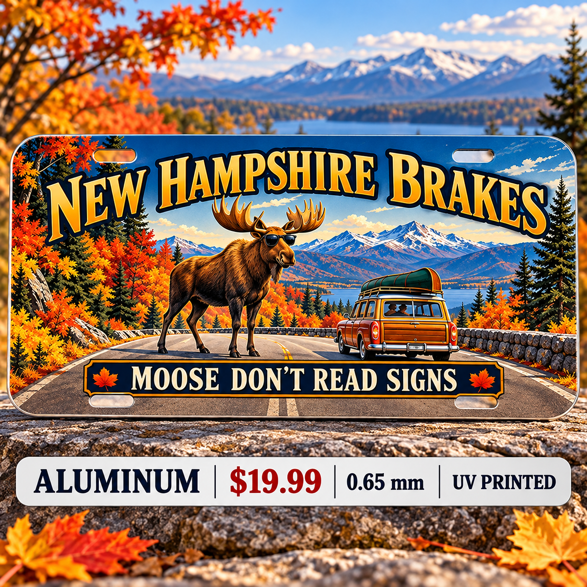 New Hampshire Moose Crossing funny license plate — 0.65 mm UV printed aluminum