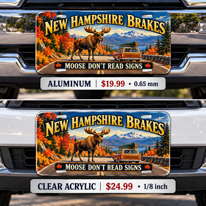 New Hampshire Moose Crossing funny license plate — aluminum and acrylic vehicle mockups