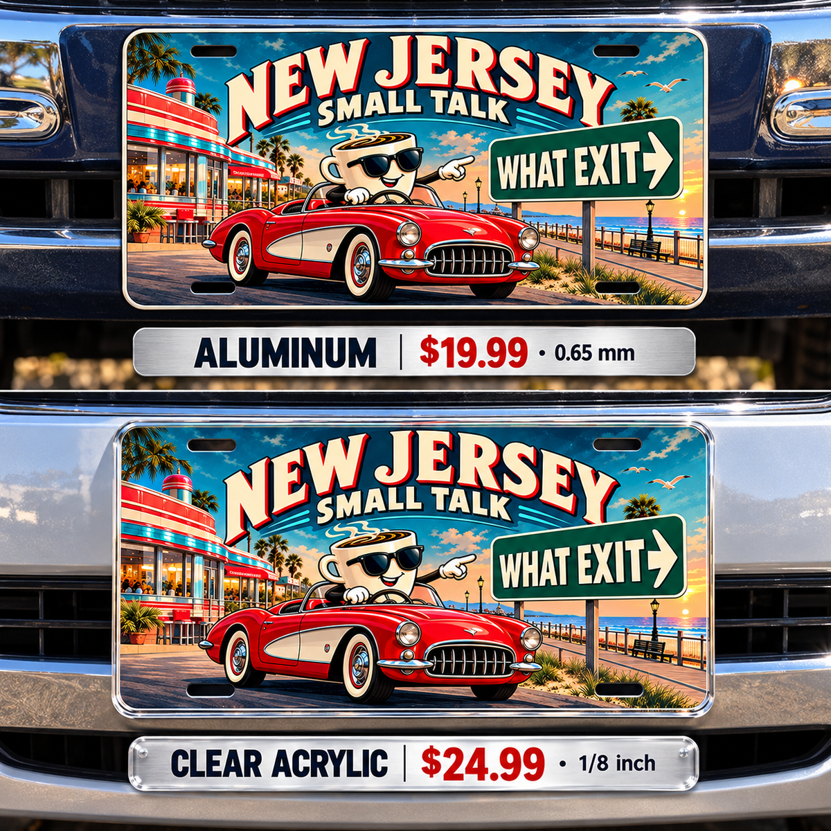 New Jersey What Exit funny license plate — aluminum and acrylic vehicle mockups