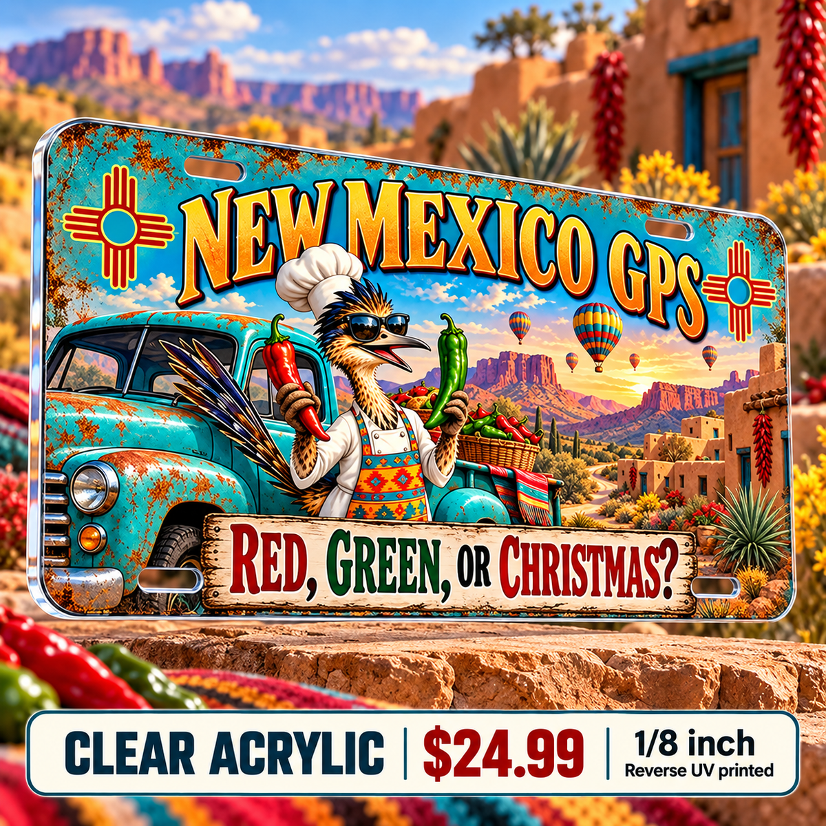New Mexico Chile Directions funny license plate — ⅛-inch reverse UV printed acrylic with opaque artwork