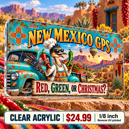 New Mexico Chile Directions funny license plate — ⅛-inch reverse UV printed acrylic with opaque artwork