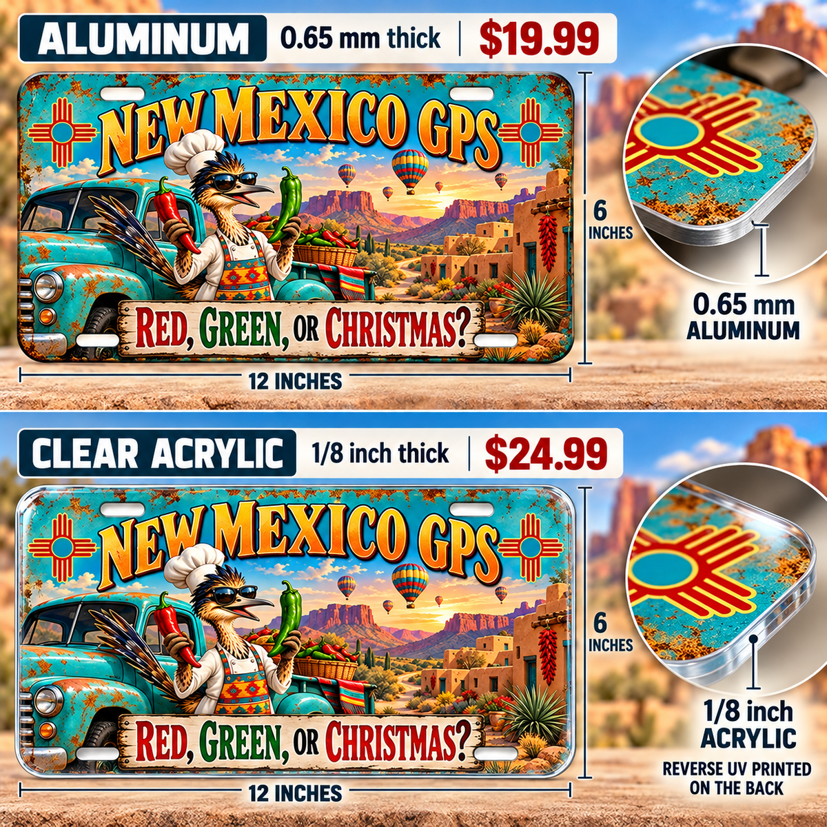 New Mexico Chile Directions funny license plate — 0.65 mm aluminum and ⅛-inch acrylic edge detail