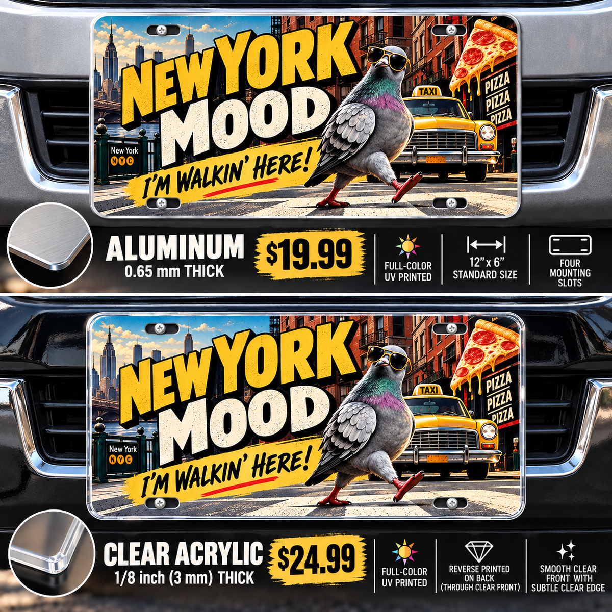 New York Walking Here funny license plate — aluminum and acrylic vehicle mockups