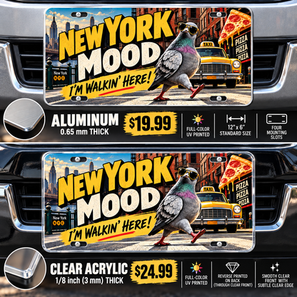New York Walking Here funny license plate — aluminum and acrylic vehicle mockups