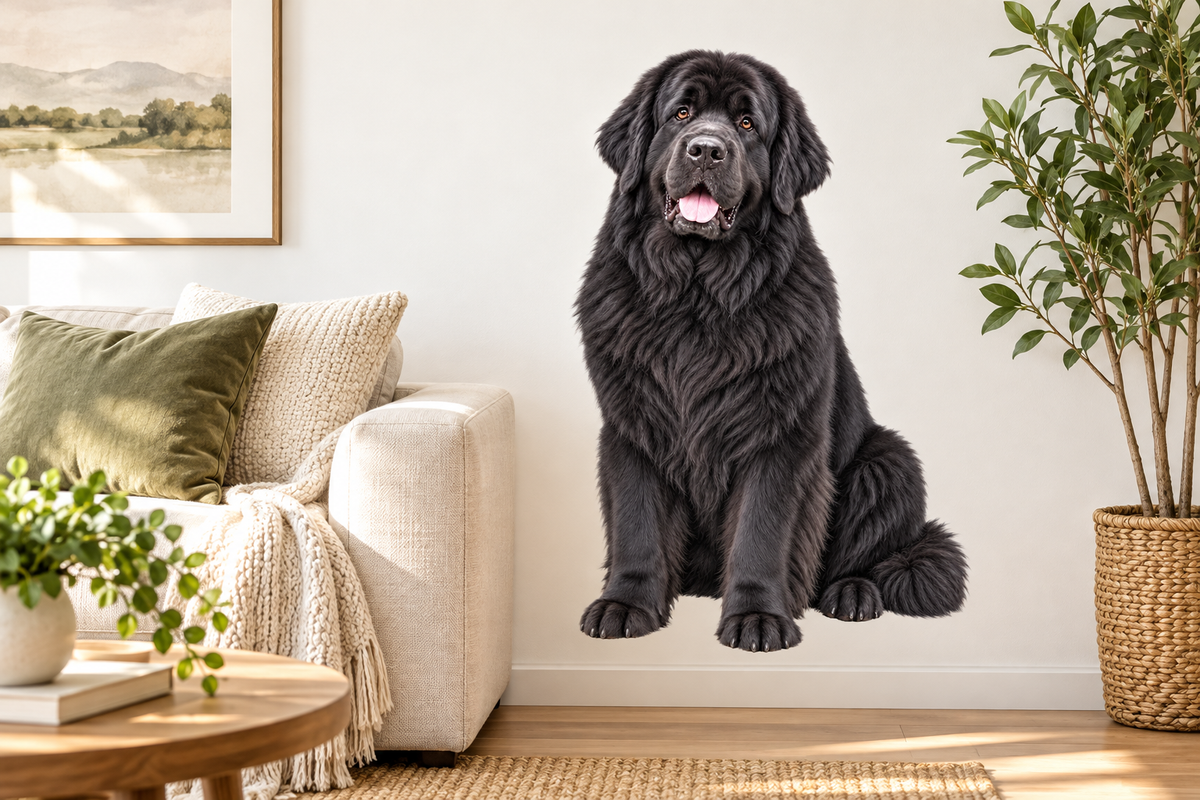 Newfoundland contour cut dog decal on a living room wall