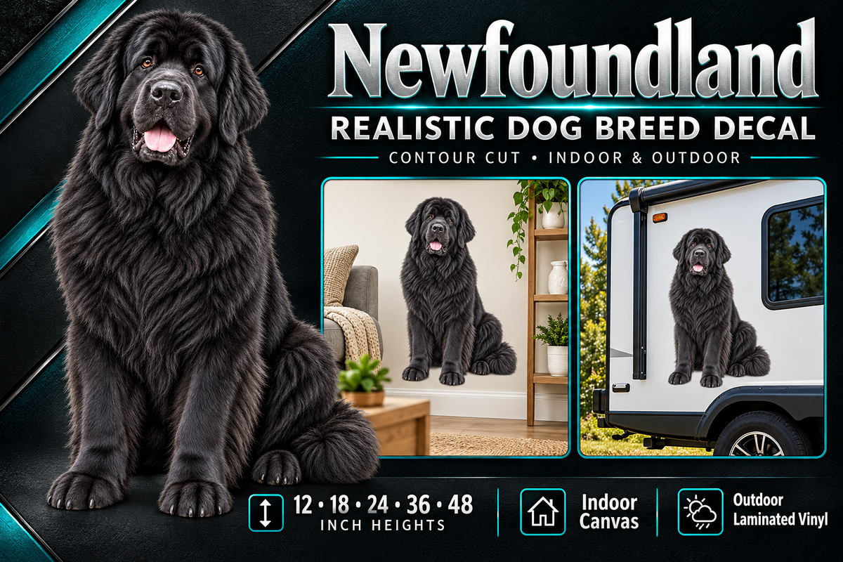 Newfoundland decal summary with indoor and outdoor examples — sizes 12 to 48 inches high