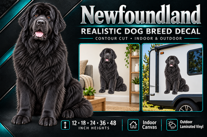 Newfoundland decal summary with indoor and outdoor examples — sizes 12 to 48 inches high