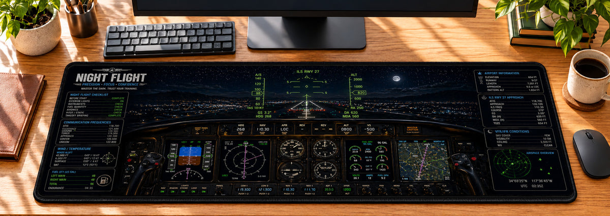 Night Flight Navigation Desk Mat in use on a warm wood office desk — overhead workspace view