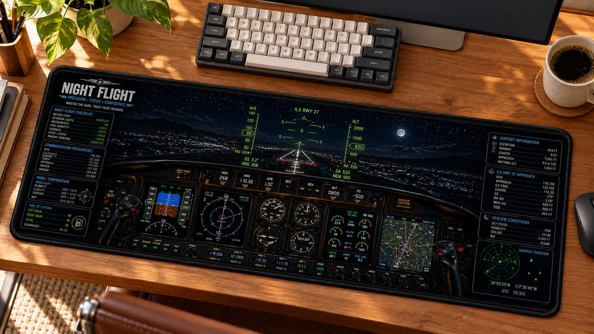 Night Flight Navigation Desk Mat in use on a warm wood office desk — angled workspace view